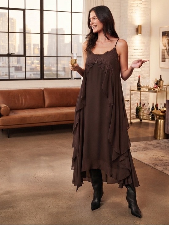House of Harlow 1960 Dresses & Skirts - House of Harlow 1960 Chiffon Maxi Cocktail Dress Ruffles Brown Flowy Fairy Sz M